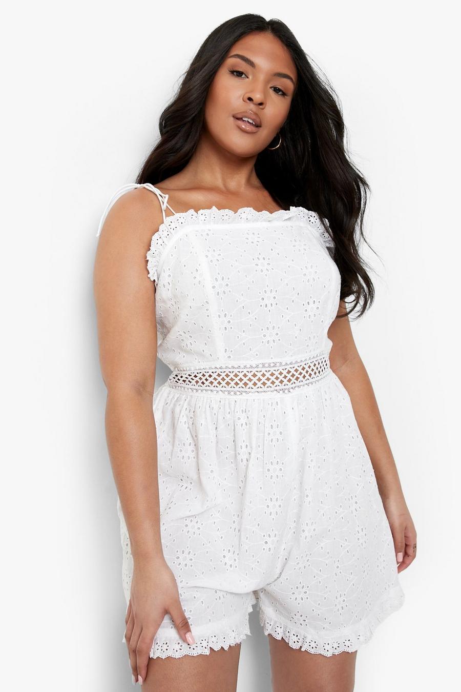 White Plus Broderie Trim Detail Playsuit image number 1