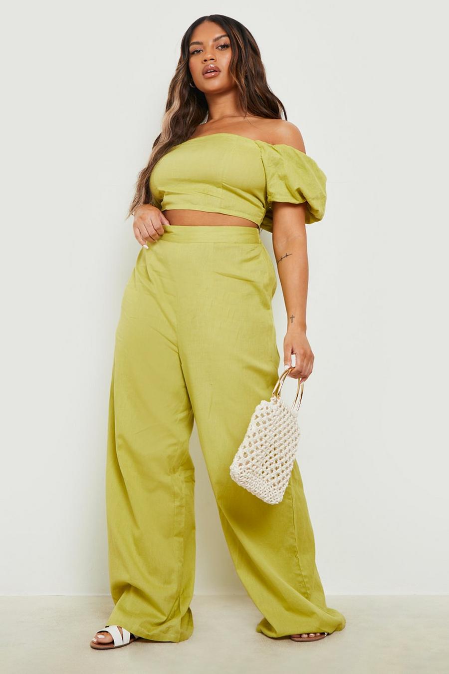 Green Plus Cotton Off Shoulder Top & Trouser Co Ord image number 1