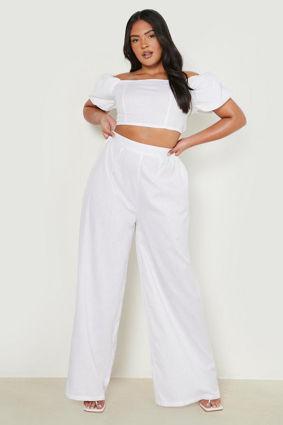 White Plus Cotton Off Shoulder Top & Trouser Co Ord image number 1