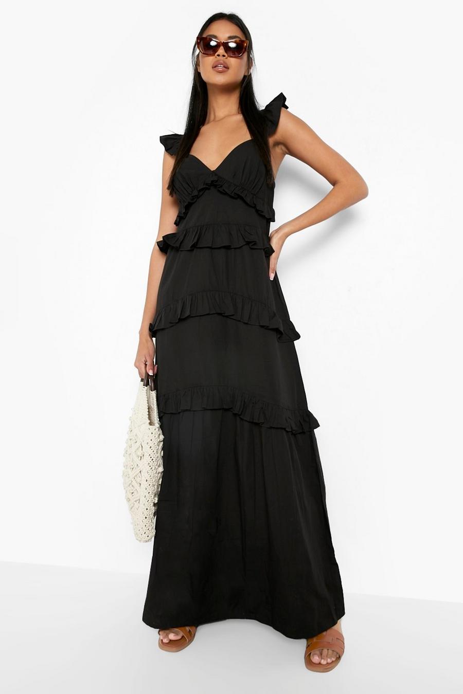 Black noir Cotton Ruffle Detail Maxi Dress