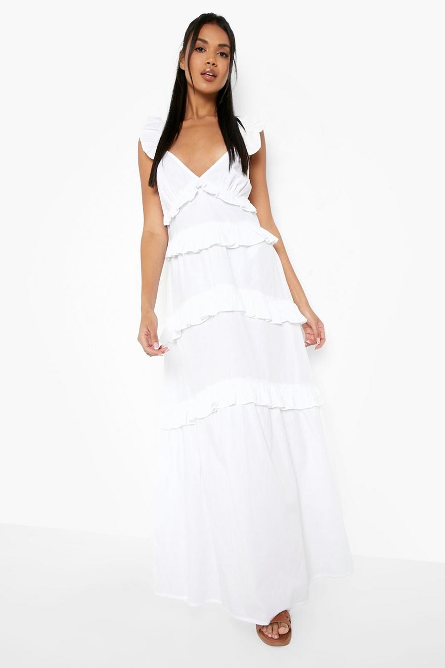 White Cotton Ruffle Detail Maxi Dress image number 1