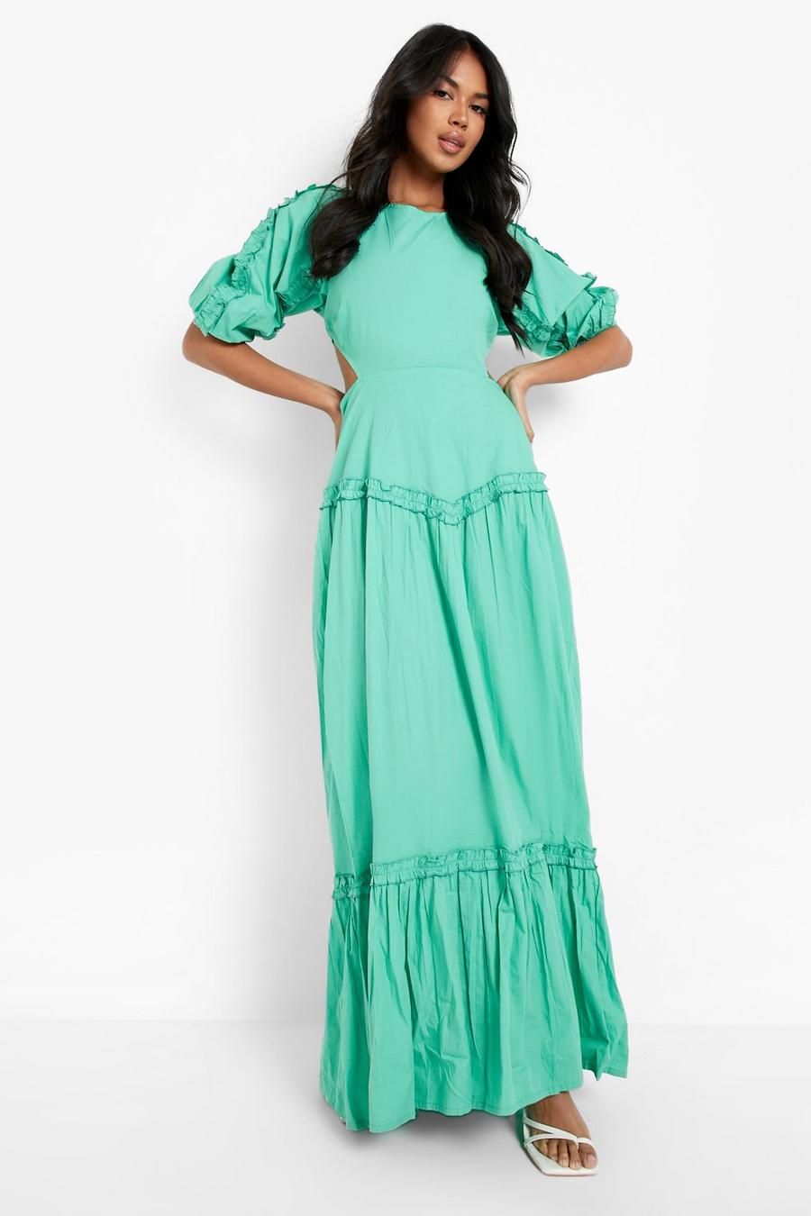 Green Cotton Tiered Puff Sleeve Maxi Dress image number 1