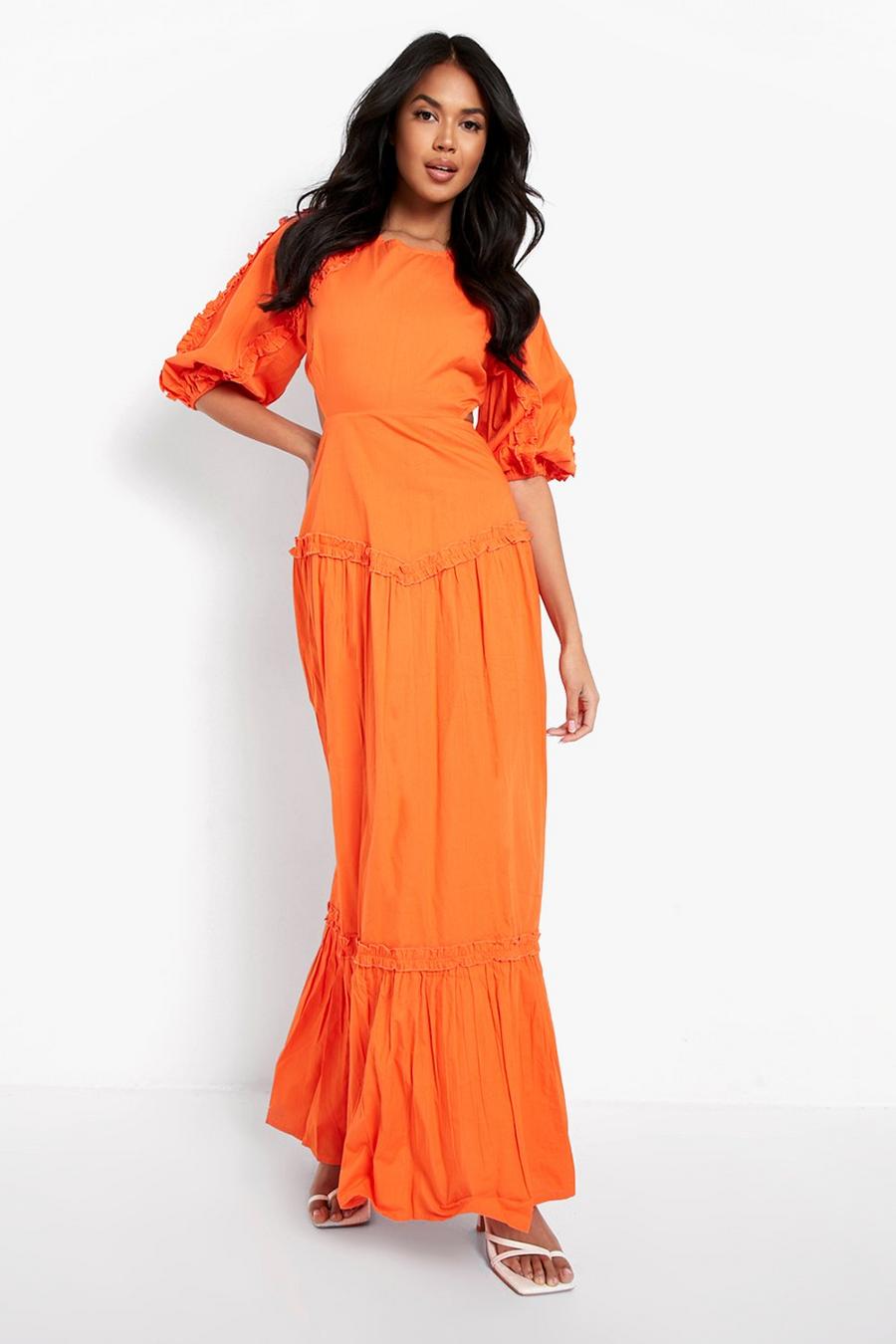 Orange Långklänning med volanger och puffärm image number 1