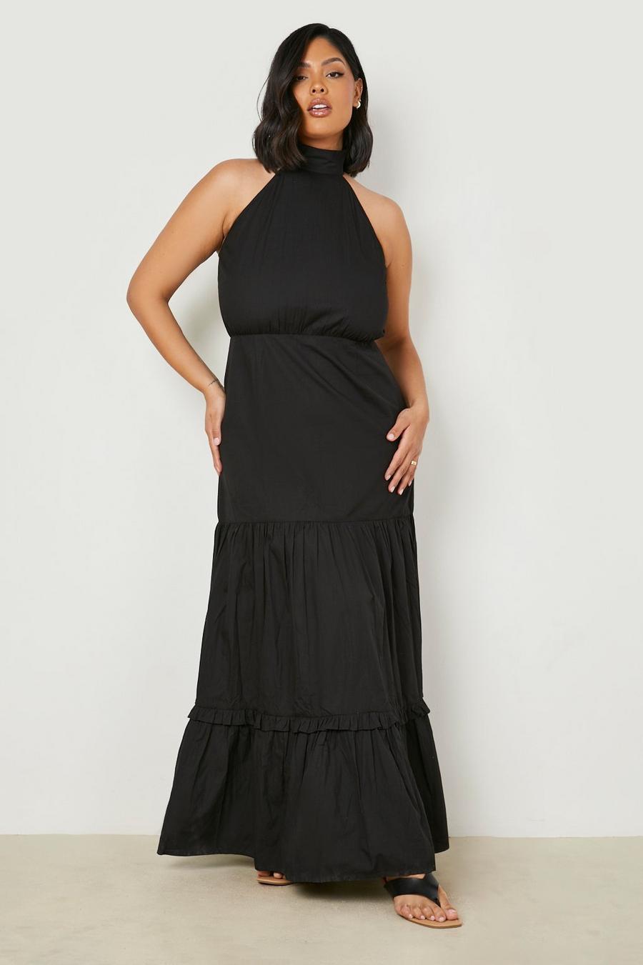 Black Plus Cotton Tiered High Neck Maxi Dress image number 1