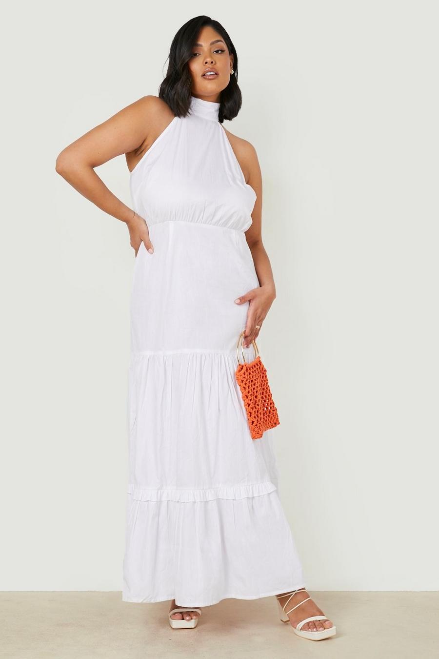 White Plus Cotton Tiered High Neck Maxi Dress image number 1