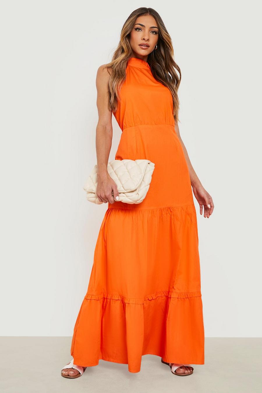 Orange Cotton Tiered High Neck Maxi Dress
