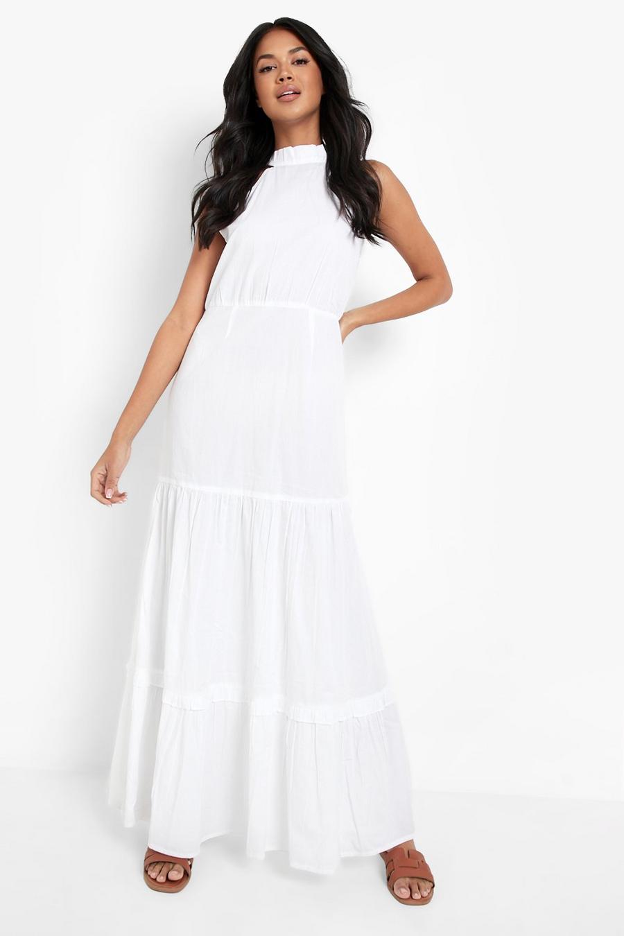 White Cotton Tiered High Neck Maxi Dress image number 1