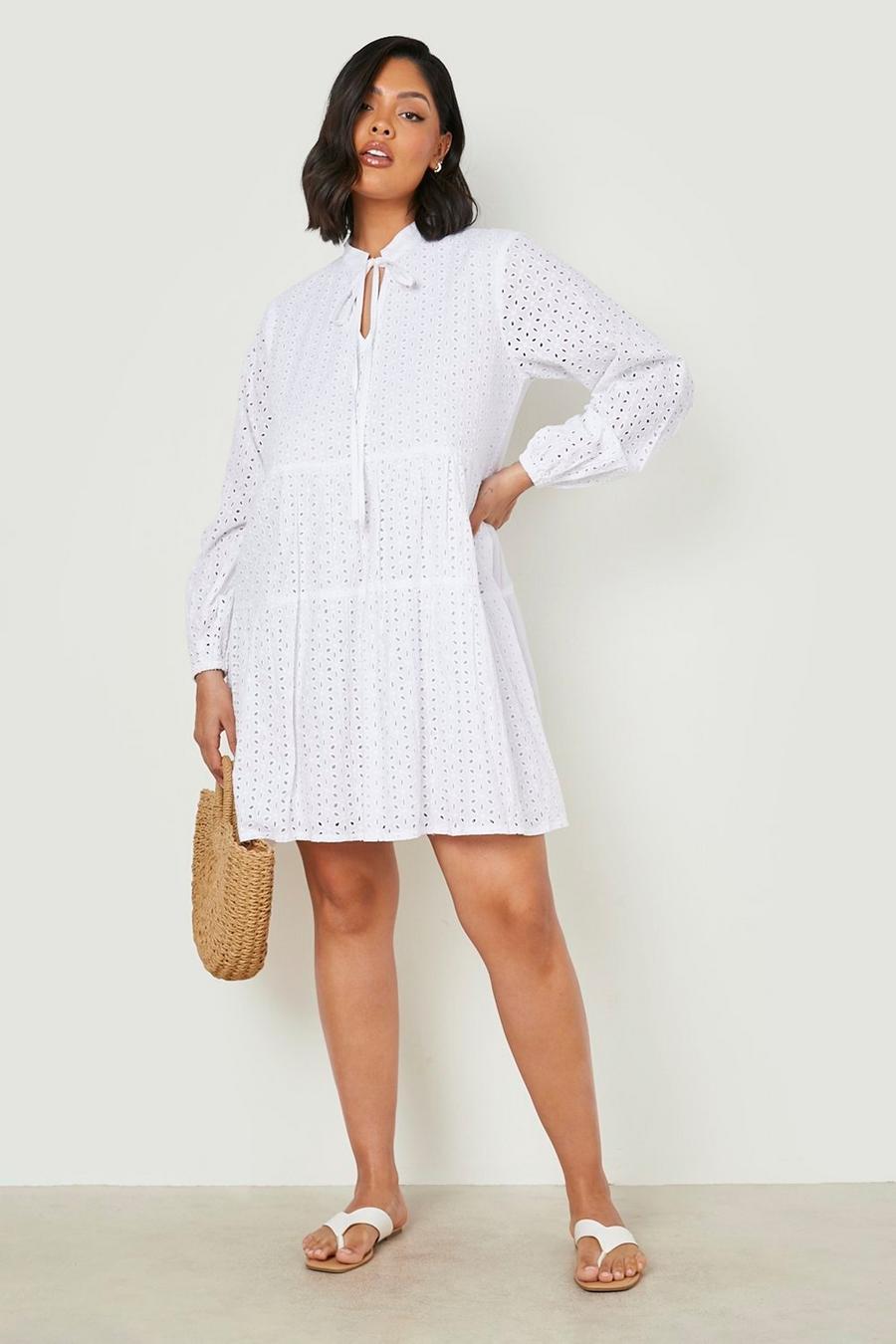 White Plus Broderie Tiered Smock Dress image number 1