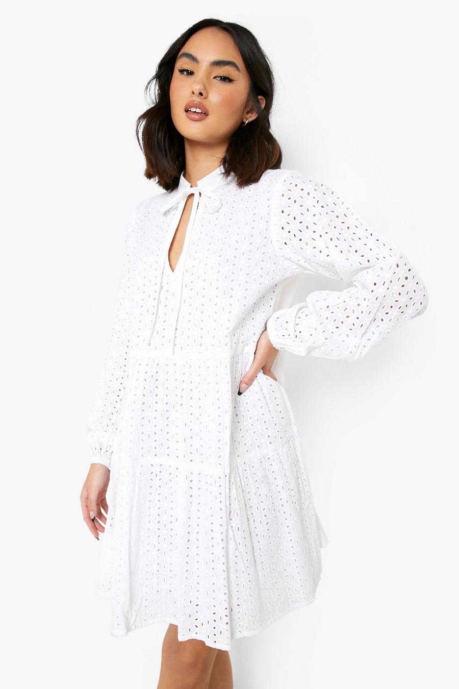 White Broderie Tiered Smock Dress