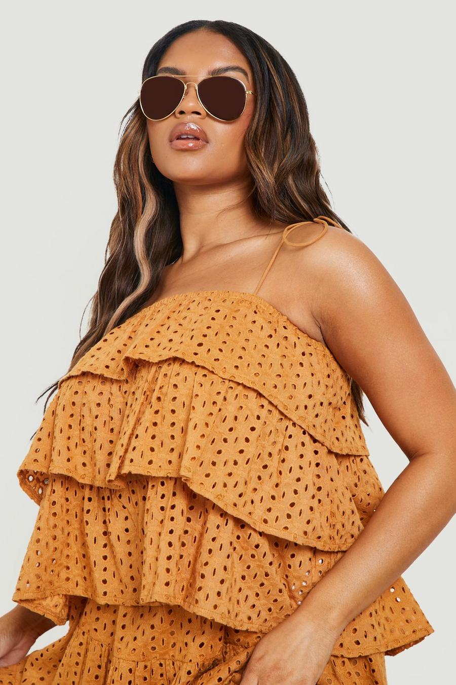 Tan Plus Broderie Ruffle Tie Strap Cami  image number 1