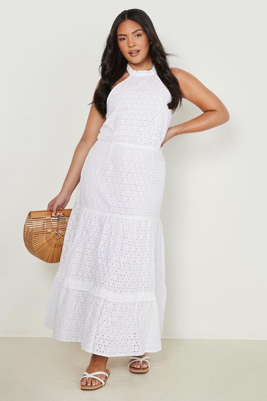 White Plus Broderie High Neck Midaxi Dress image number 1