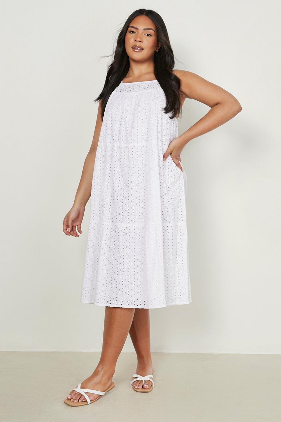 White Plus Broderie Tiered Midi Dress image number 1