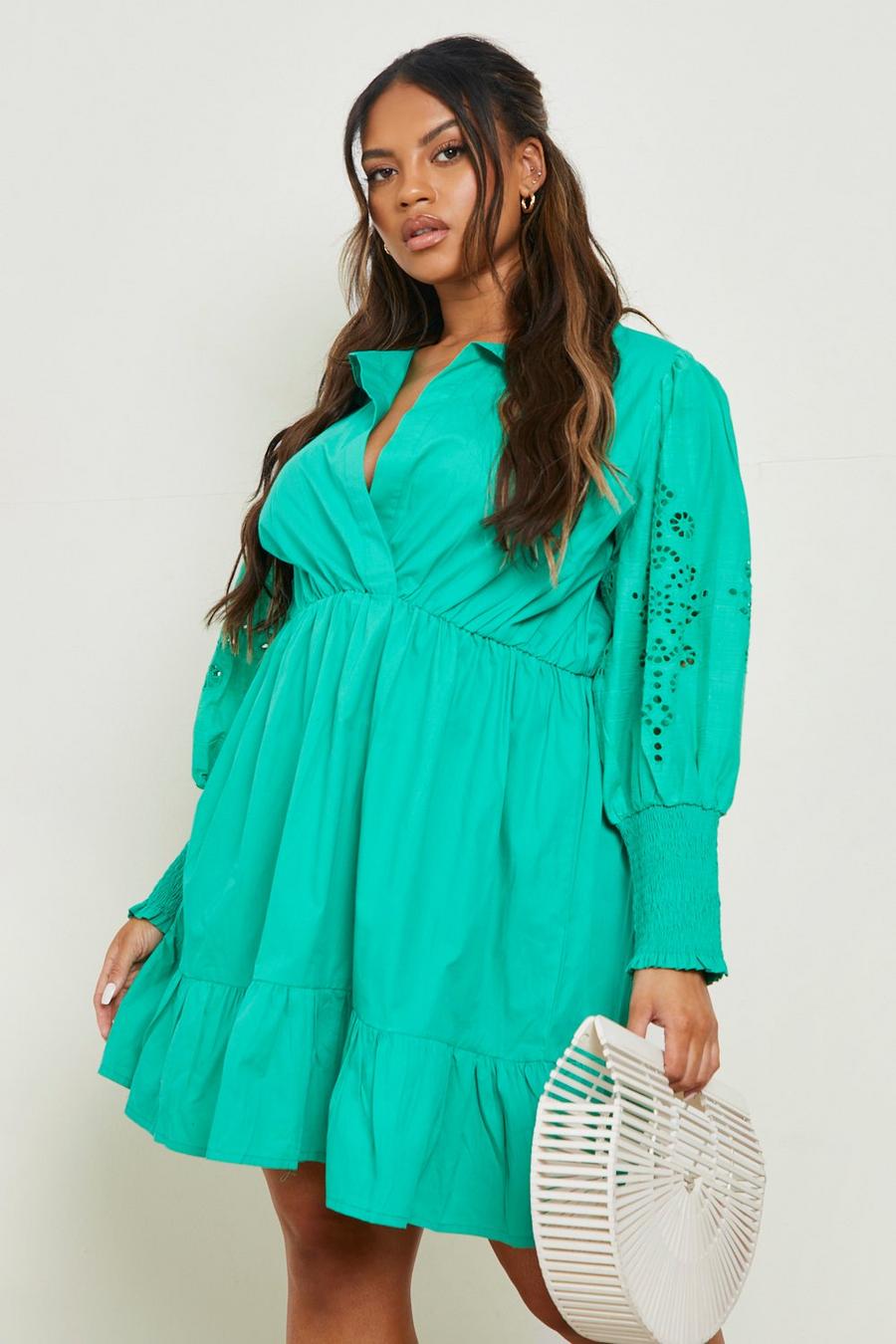 Green Plus Broderie Tiered Smock Dress image number 1