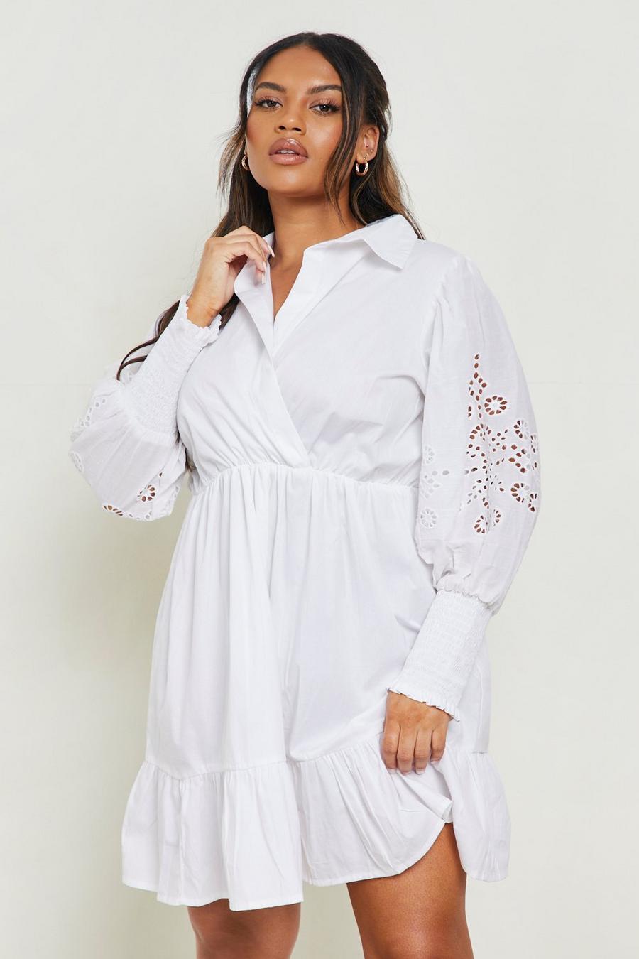 White Plus Broderie Tiered Smock Dress