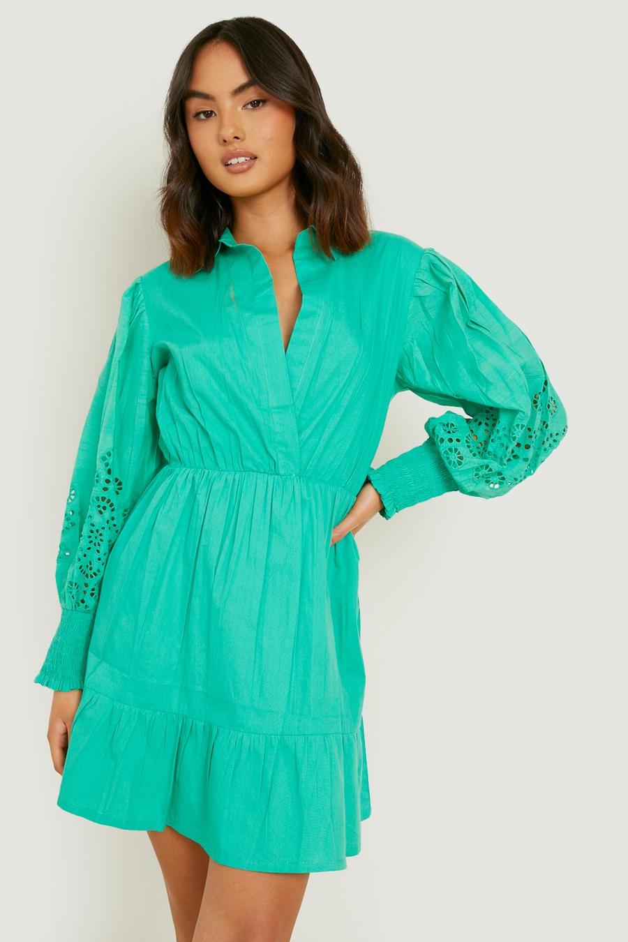 Vestido holgado escalonado de bordado inglés, Green