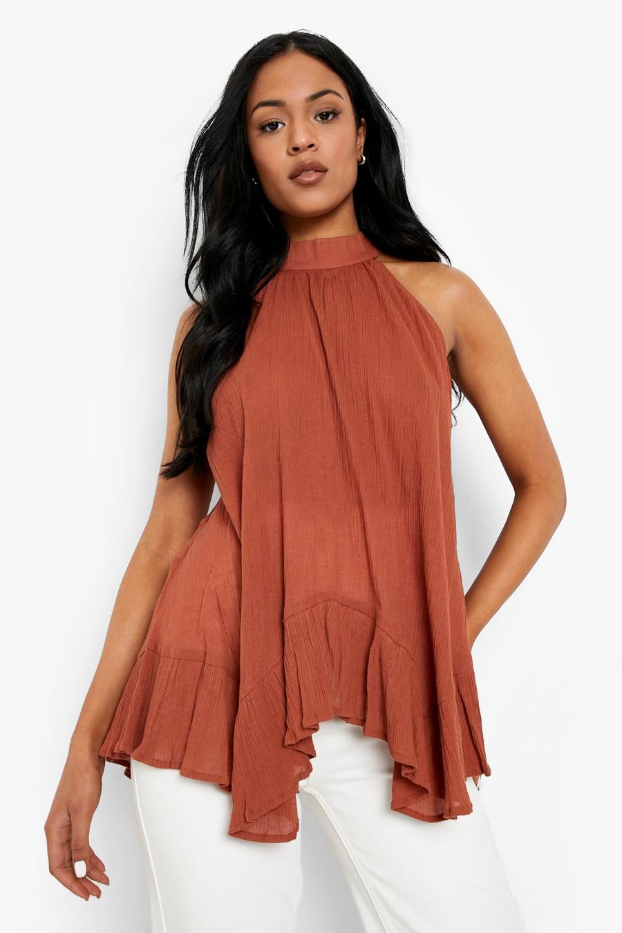 Tan brown Tall Cheesecloth High Neck Swing Top image number 1