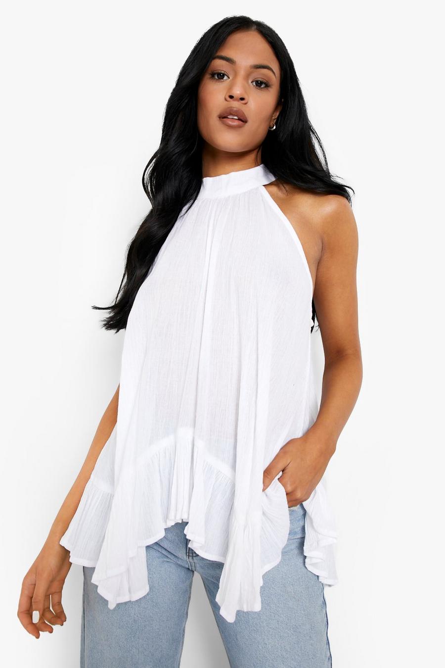 White vit Tall Cheesecloth High Neck Swing Top