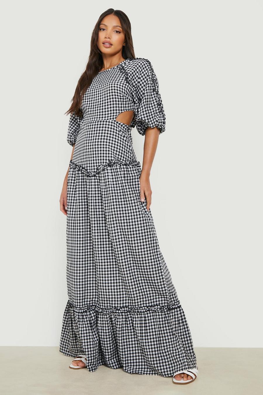 Black Tall Gingham Puff Sleeve Open Back Maxi  image number 1