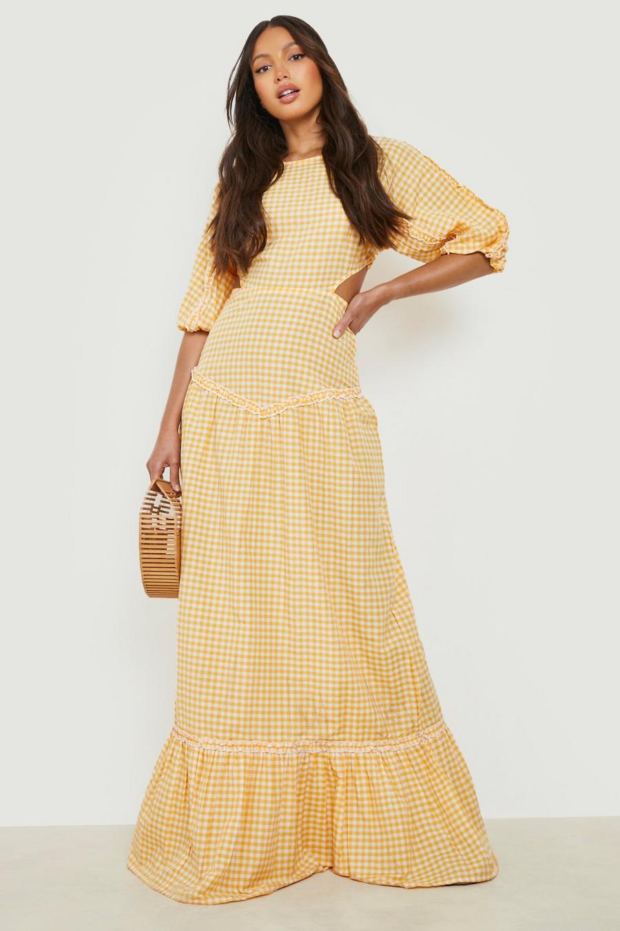 Yellow Tall Gingham Puff Sleeve Open Back Maxi  image number 1