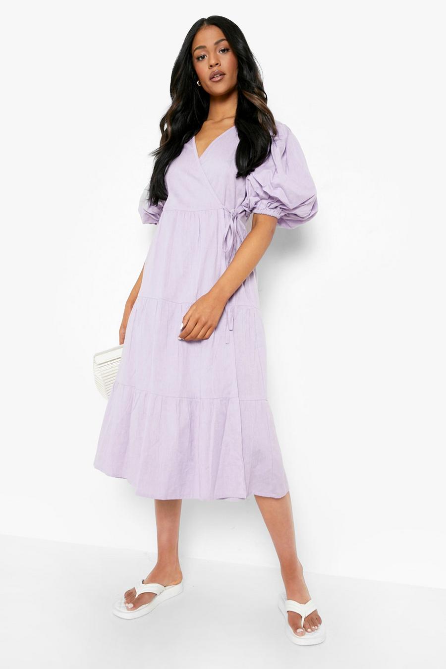 Lilac Tall Volume Sleeve Wrap Midi Dress image number 1