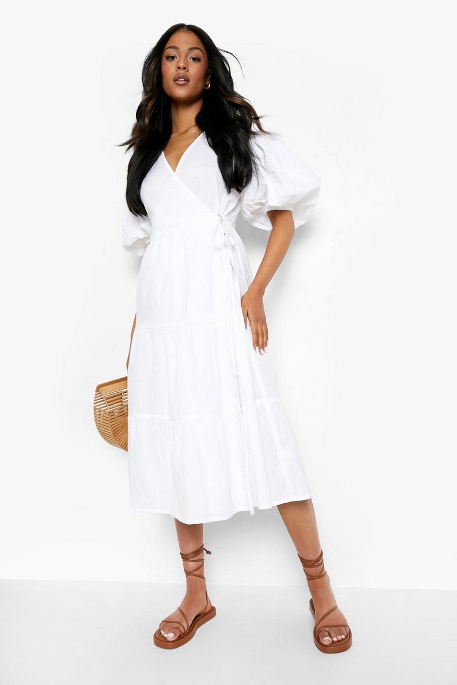 White Tall Puff Sleeve Wrap Midi Dress image number 1