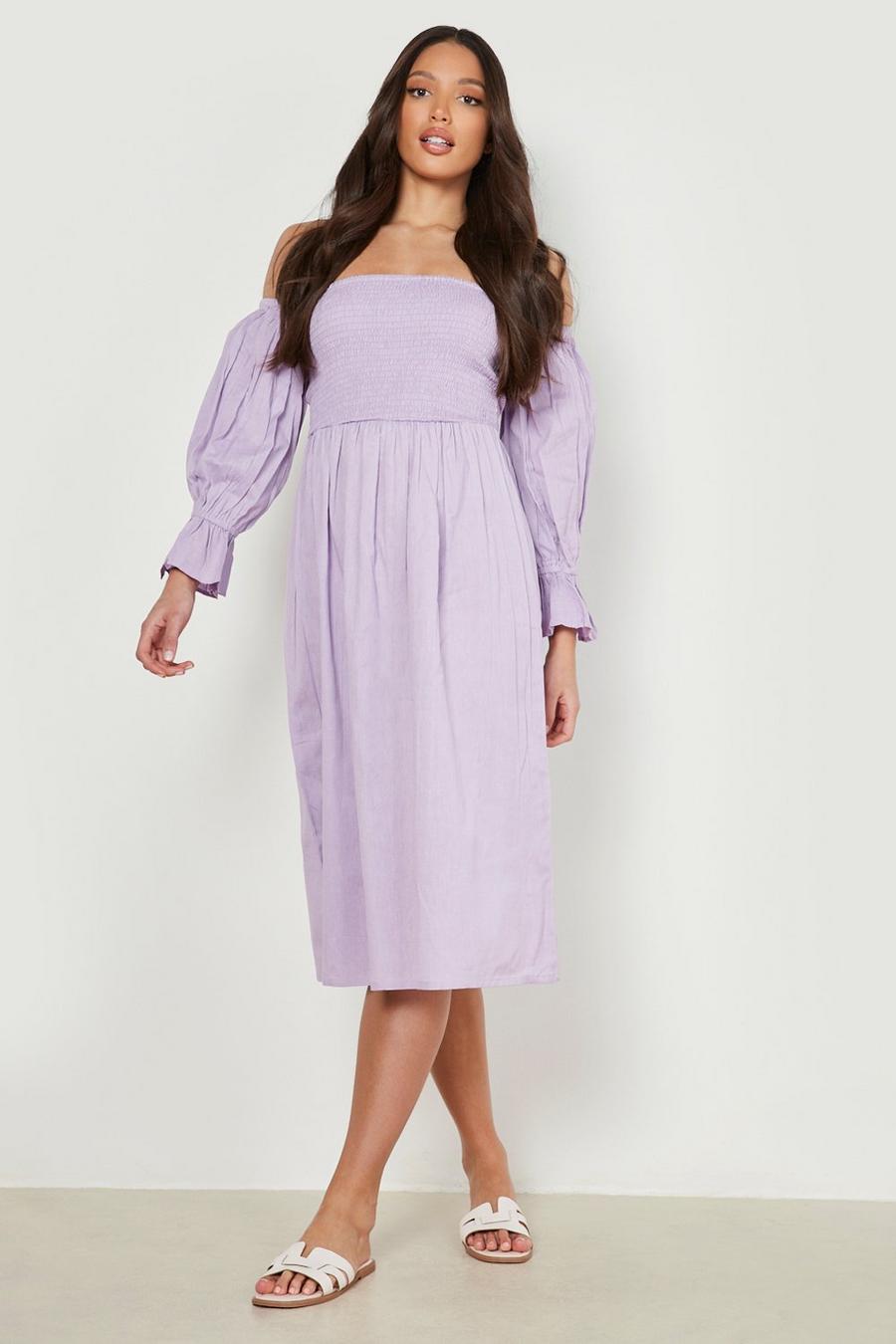 Lilac Tall Linen Pleated Shoulder Midi Dress image number 1