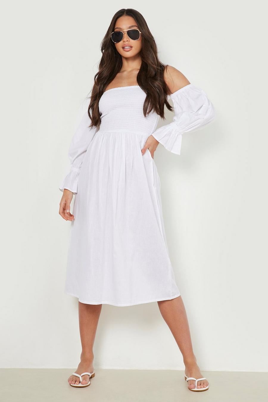 White Tall Linen Pleated Shoulder Midi Dress image number 1
