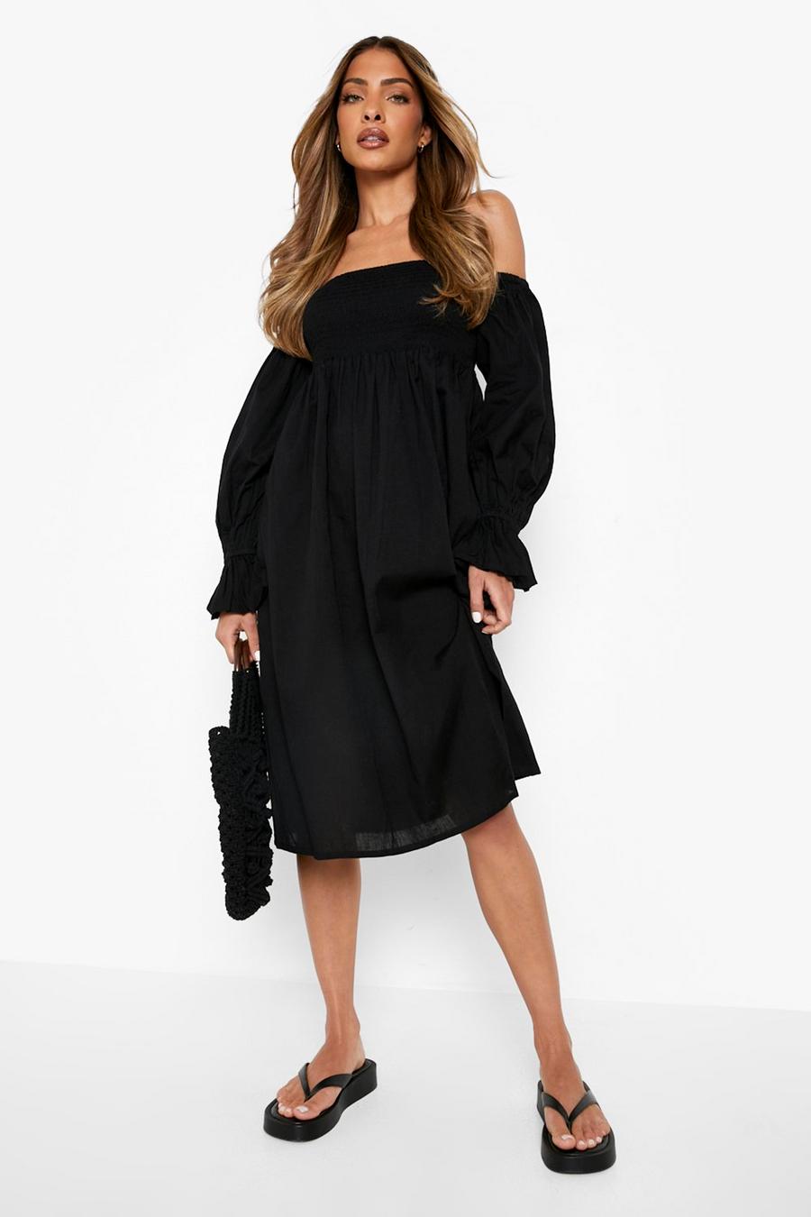 Black Linen Pleated Shoulder Shirred Midi Dress