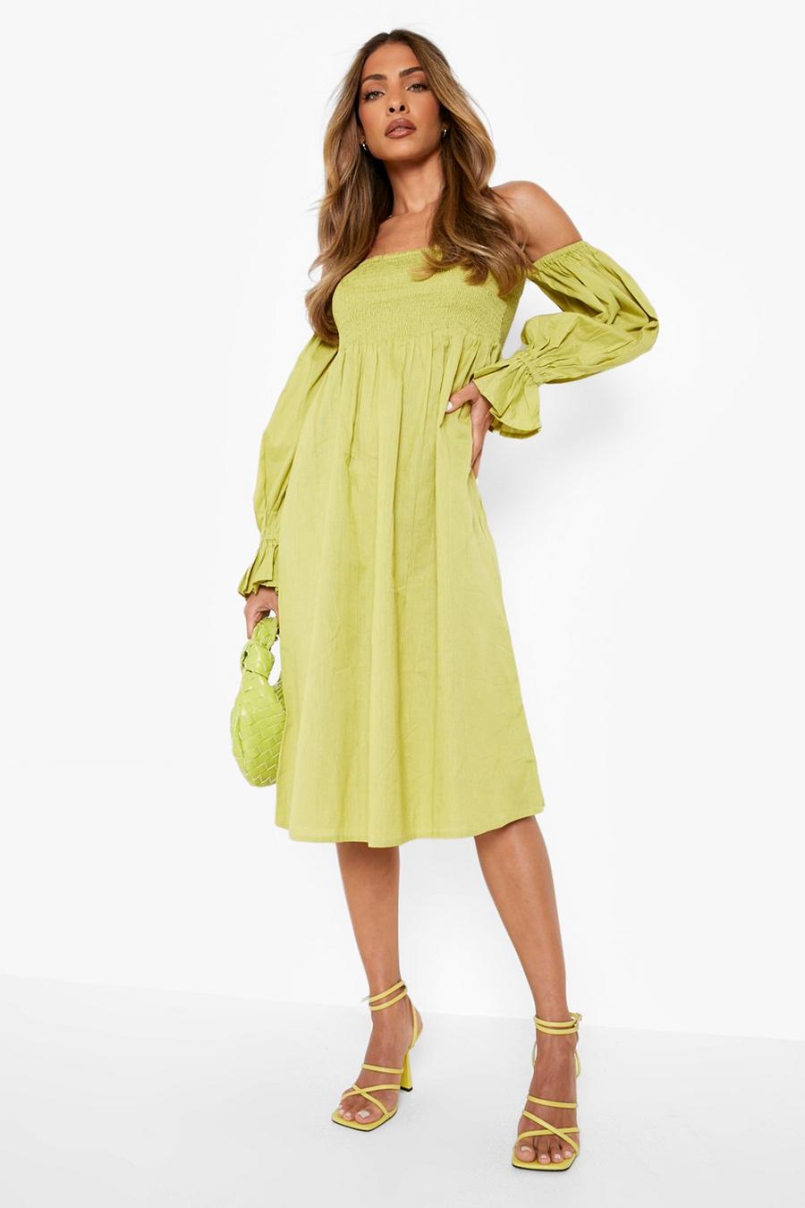 Chartreuse Linen Pleated Shoulder Shirred Midi Dress image number 1