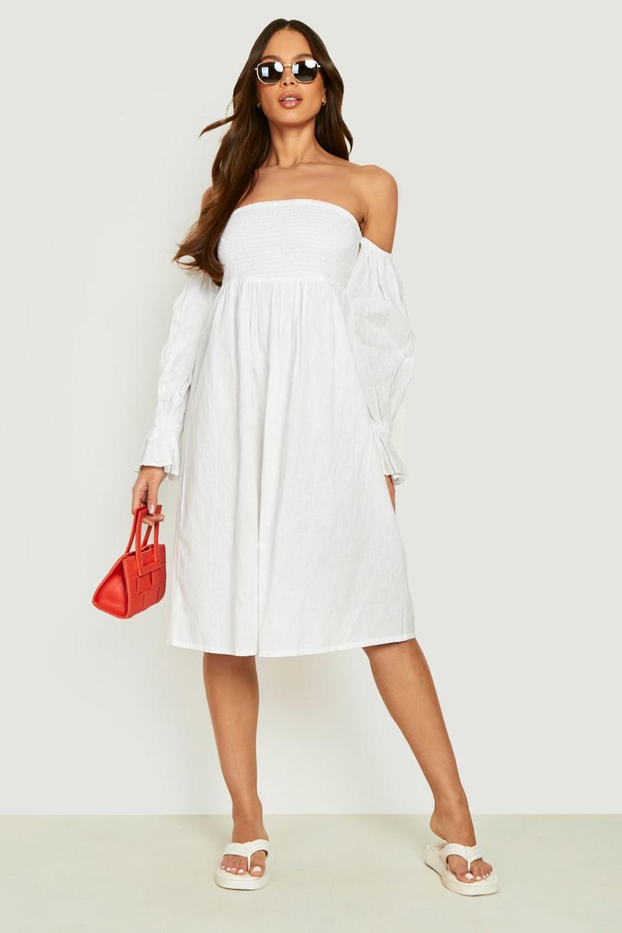 White Linen Pleated Shoulder Shirred Midi Dress