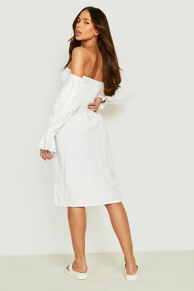 boohoo white Linen Pleated Shoulder Shirred Midi Dress