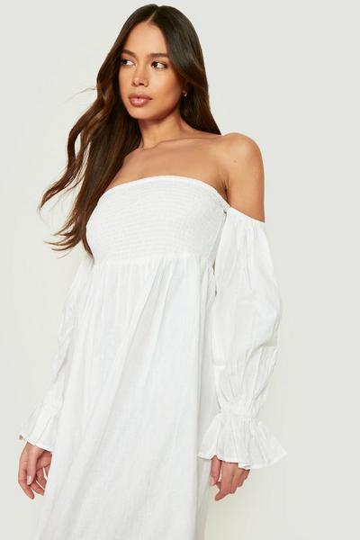 boohoo white Linen Pleated Shoulder Shirred Midi Dress