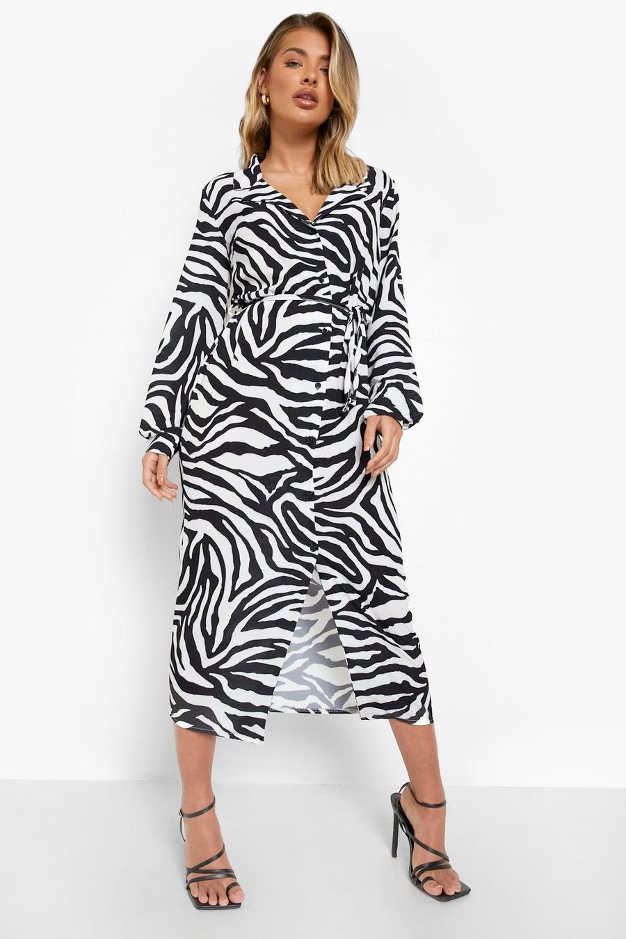 Black Zebra Print Midaxi Shirt Dress image number 1