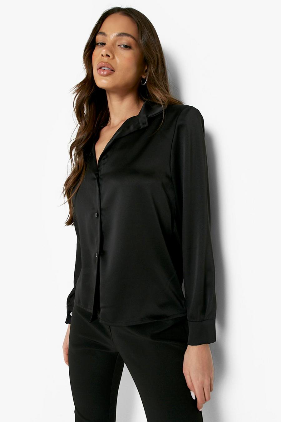 שחור black חולצת סאטן עם כריות כתפיים  image number 1