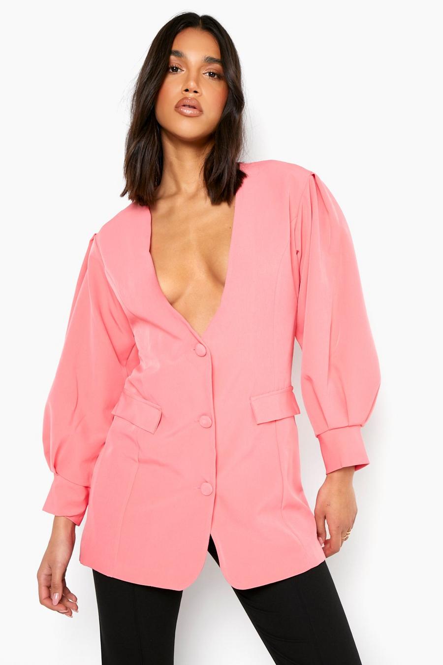 Candy pink Tailored Volume Sleeve Collarless Blazer