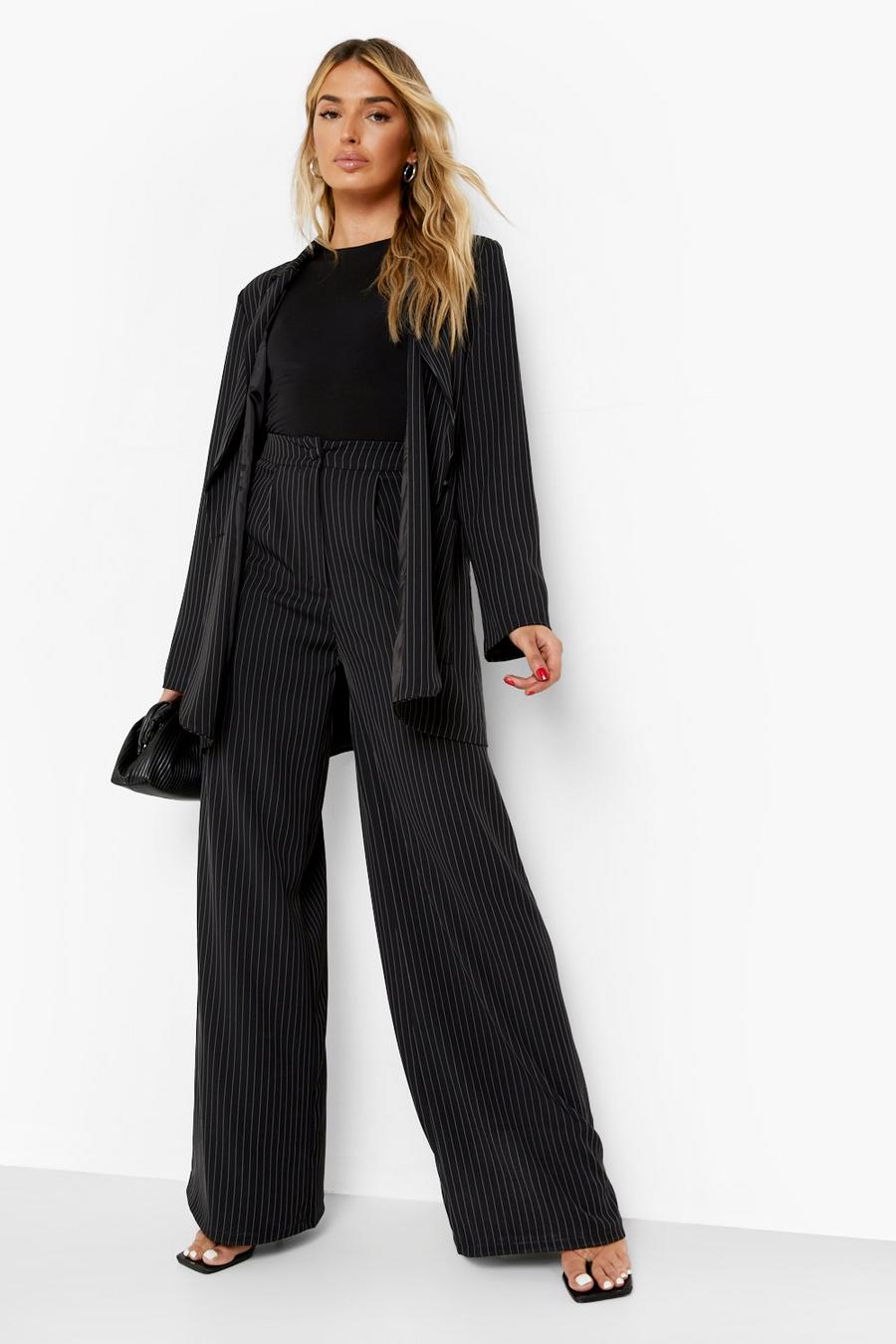 Black Pinstripe Relaxed Fit Wide Leg Pants image number 1