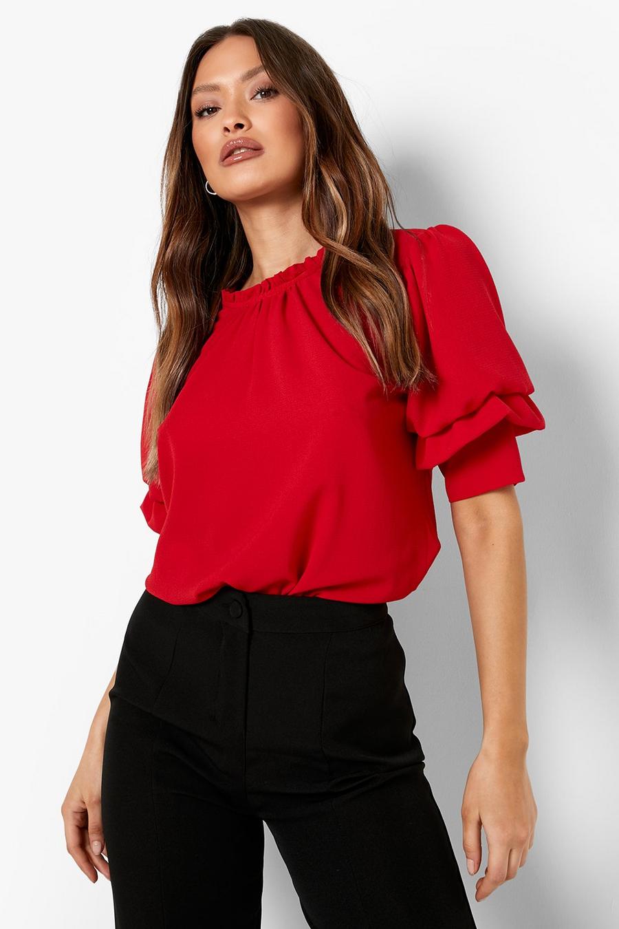 Red Ruffle Neck Puff Sleeve Blouse image number 1