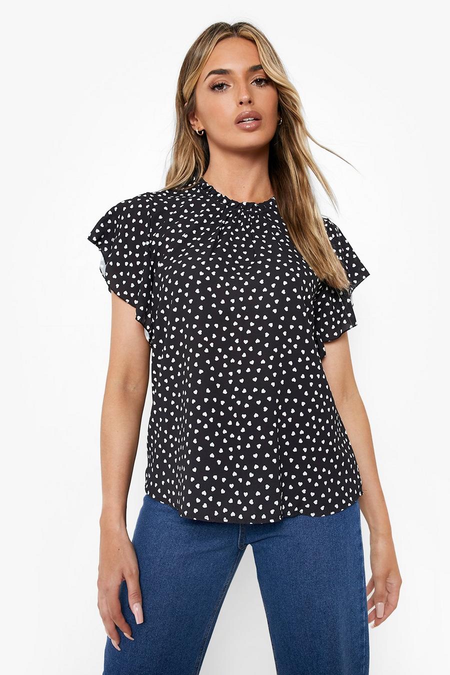 Black Heart Print Ruffle Neck Puff Sleeve Blouse image number 1