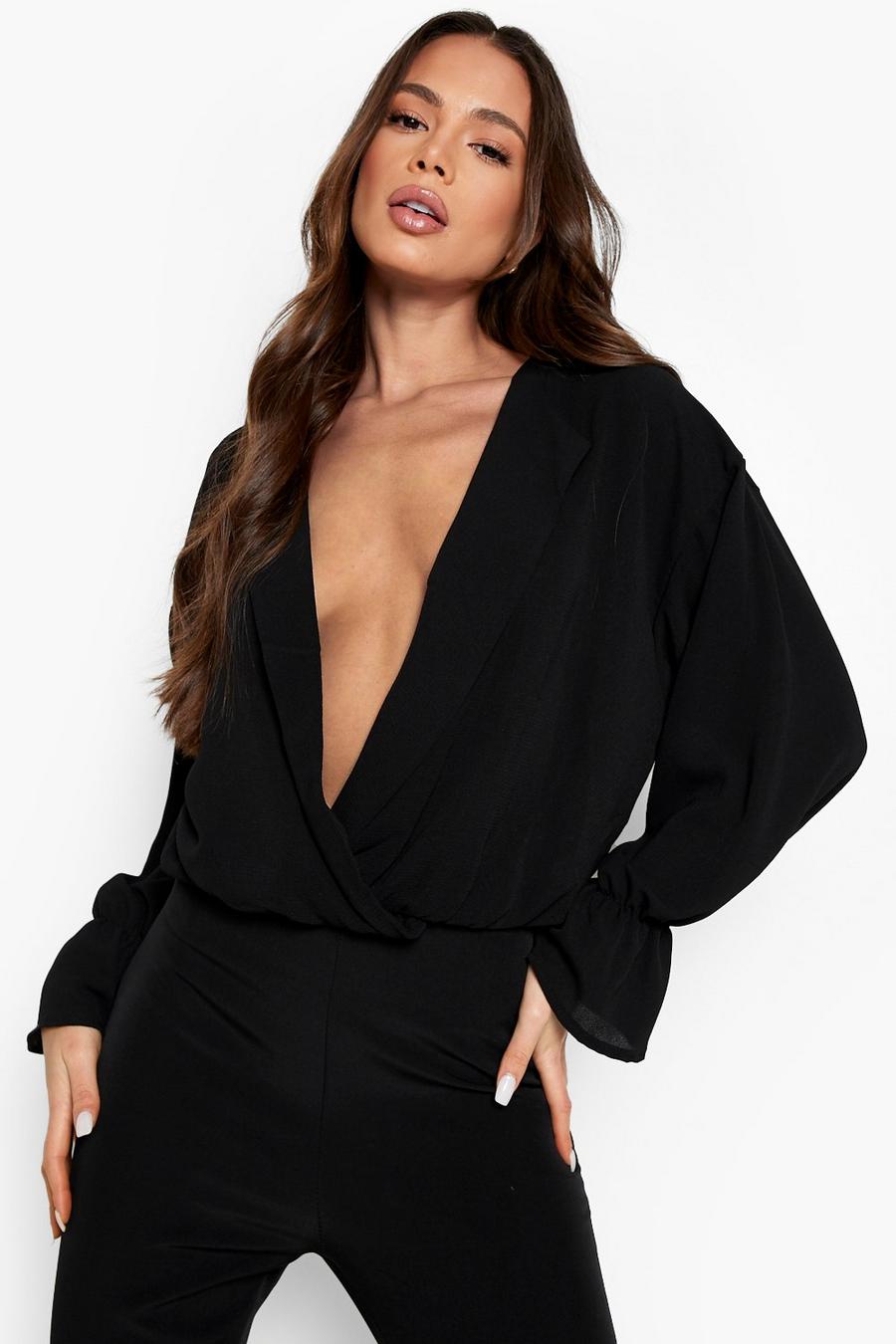 Black Woven Plunge Front Ruffle Sleeve Blouse  image number 1