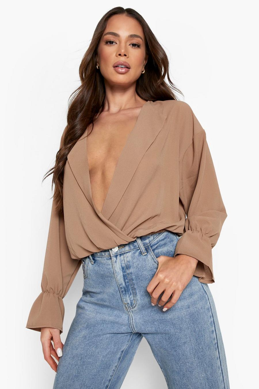 Camel Woven Plunge Front Ruffle Sleeve Blouse  image number 1