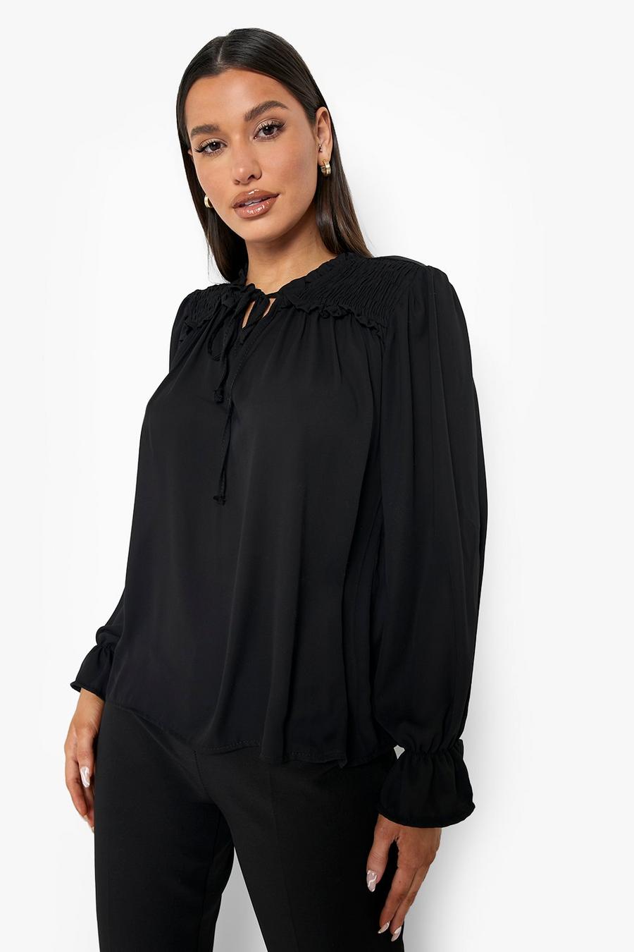 Black Woven Shirred Shoulder Blouse image number 1