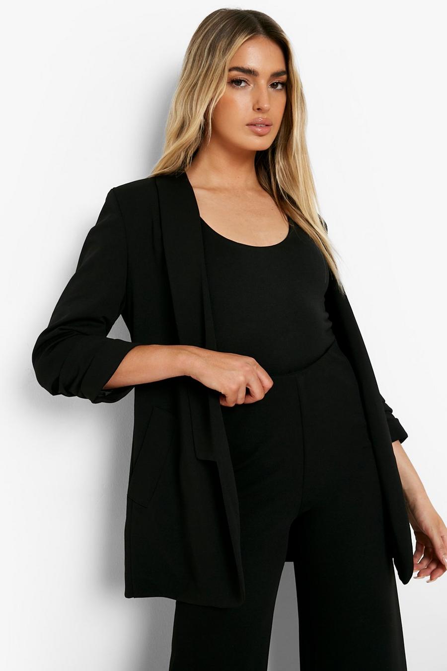 Black Ruched Sleeve Jersey Crepe Blazer