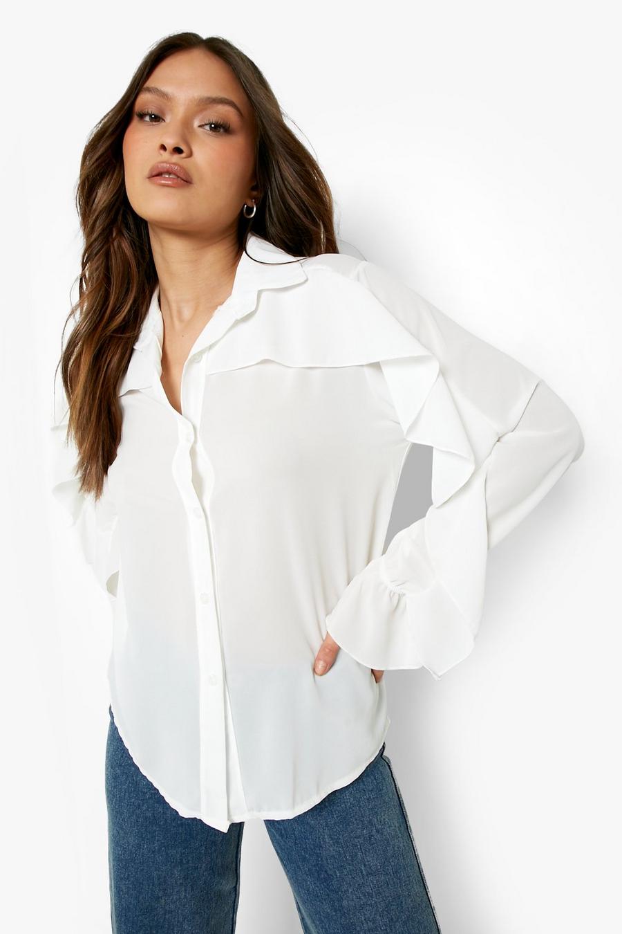 Ivory Woven Ruffle Detail Shirt  image number 1