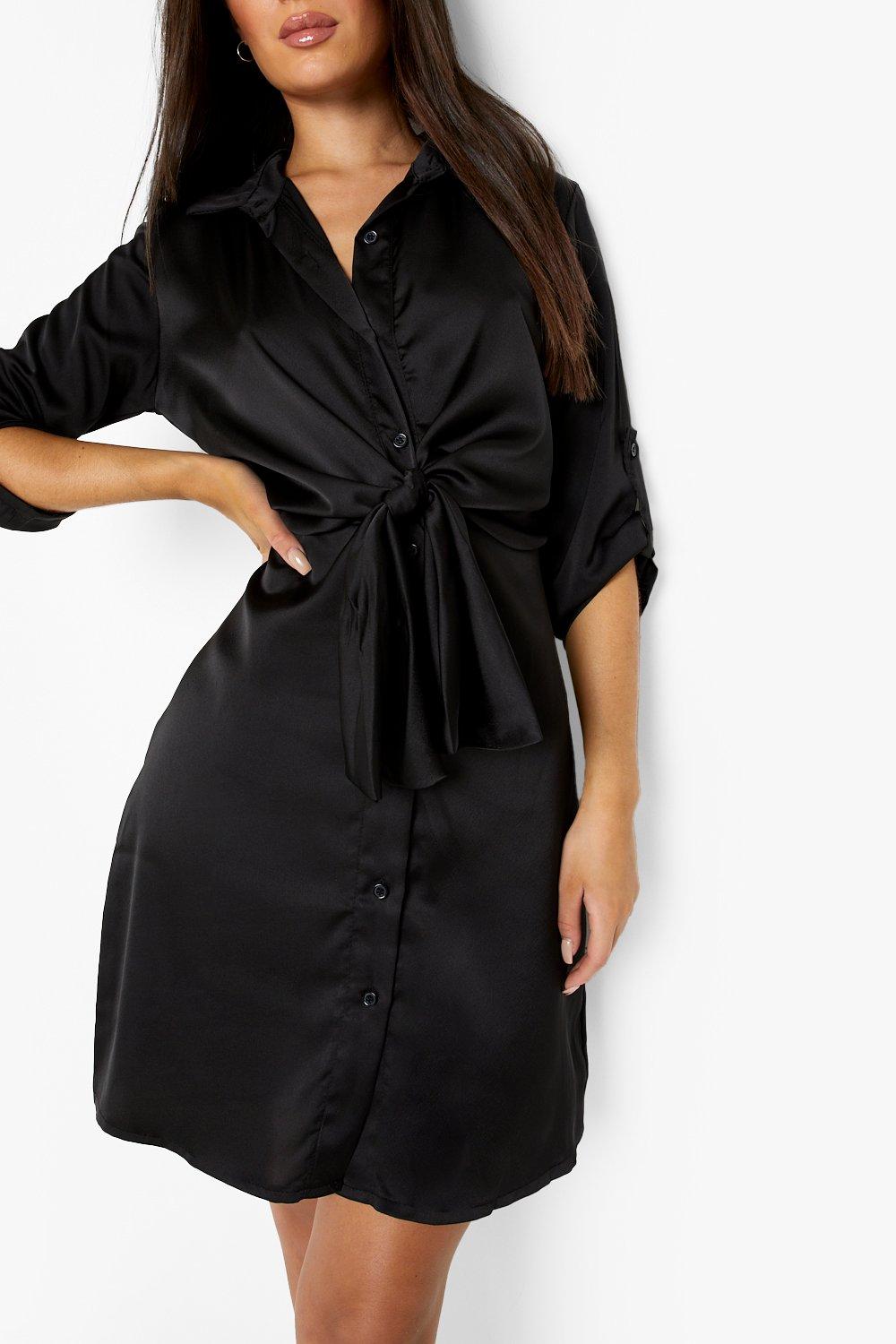 Satin Tie Front Shirt Dress