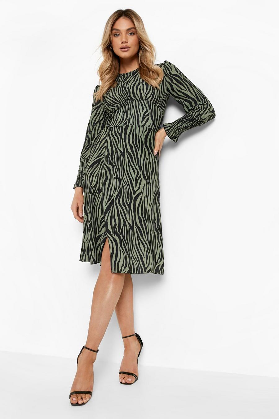 Khaki Zebra Print Shirred Sleeve Midi Slip Dress