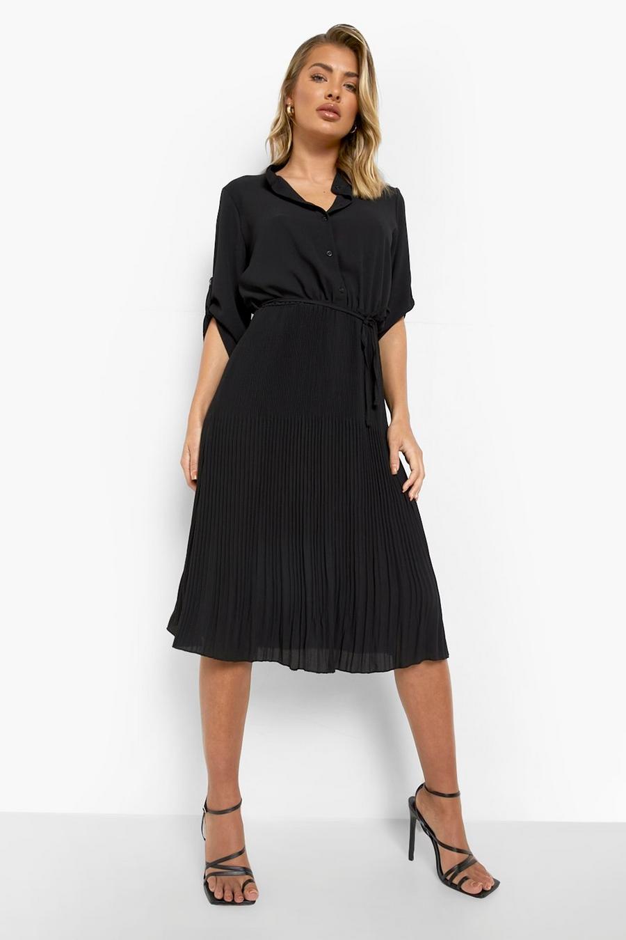 Black Pleated Midaxi Shirt Dress image number 1
