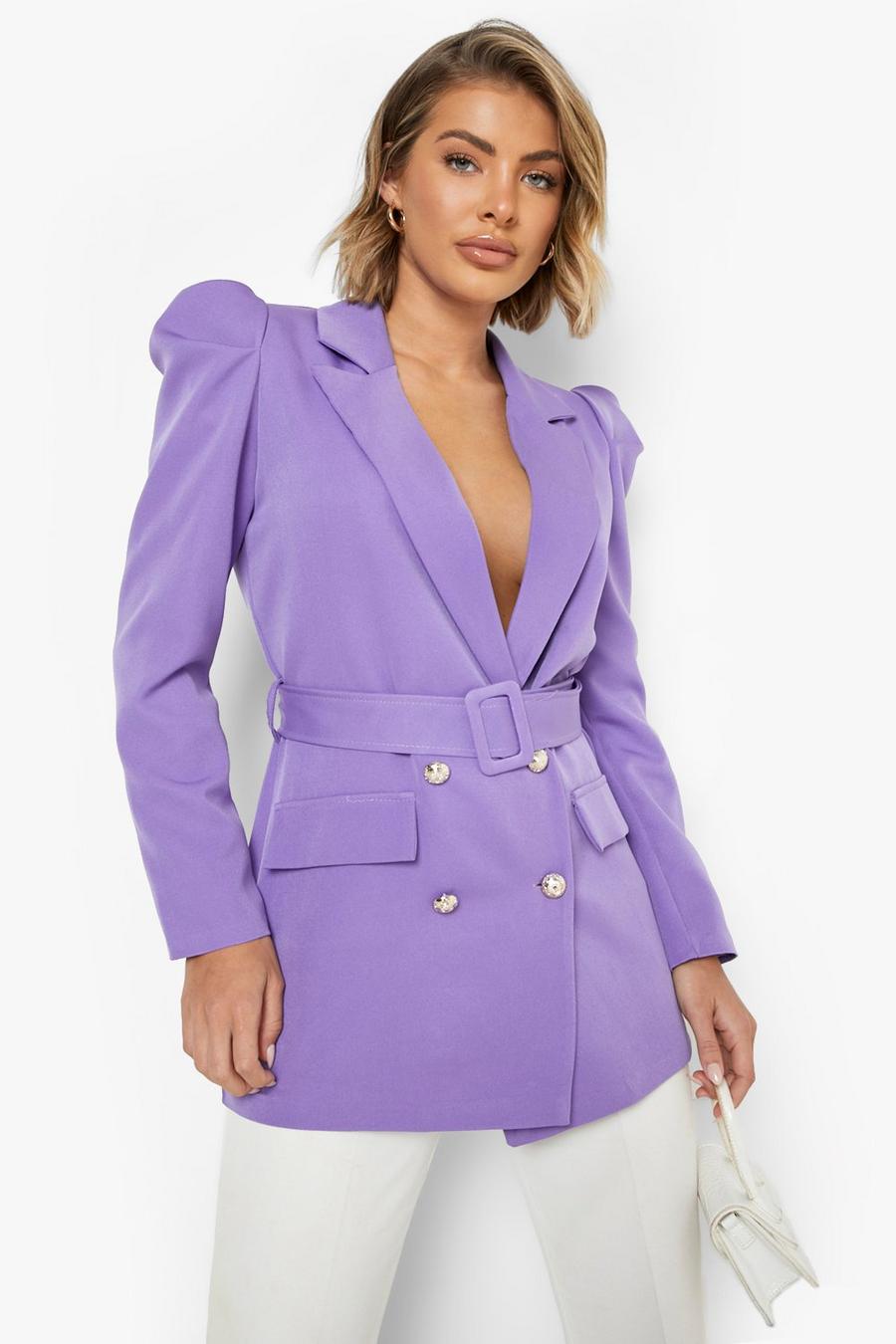 Purple Shoulder Detail Belted Tailored Blazer image number 1
