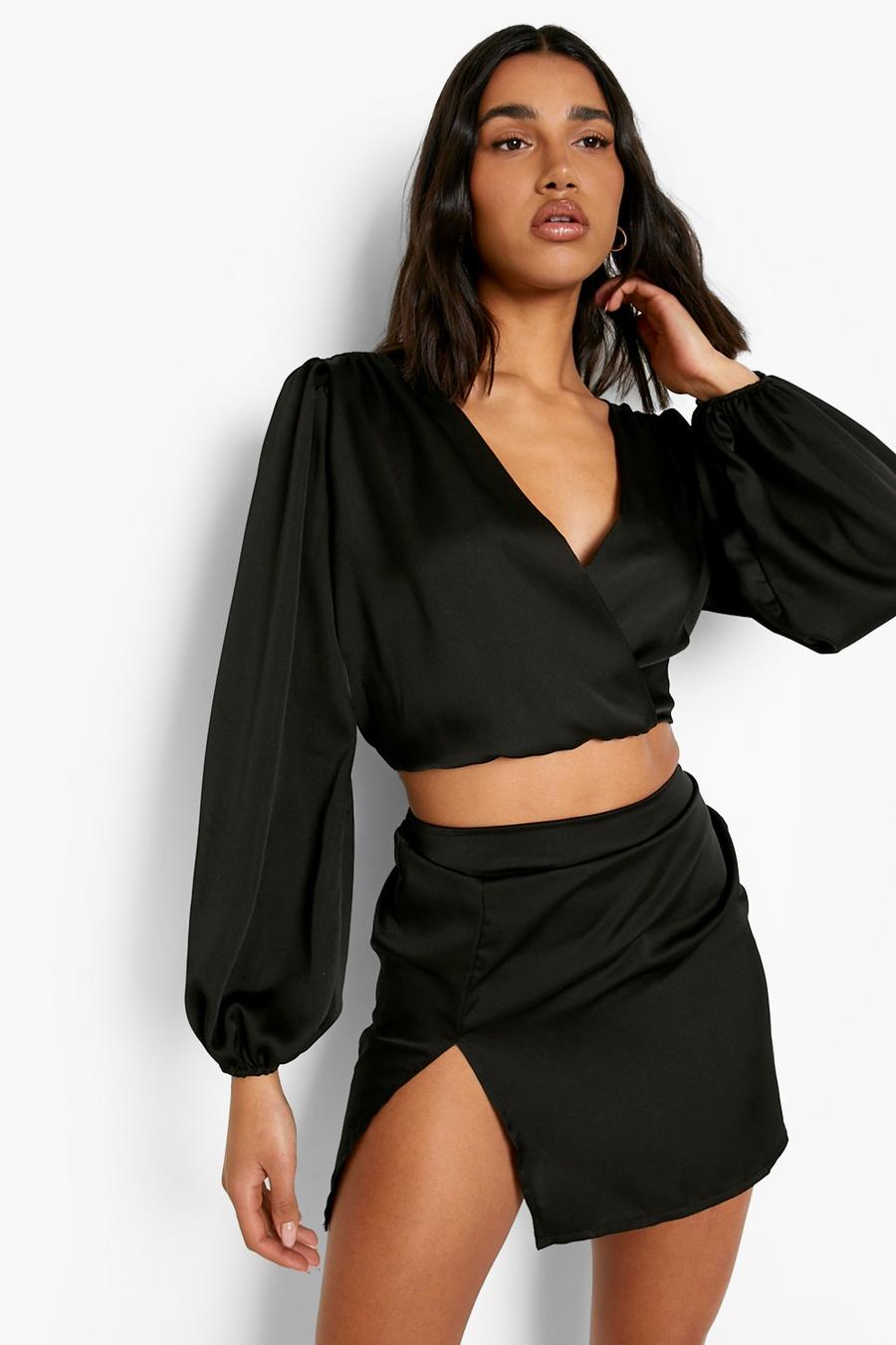 Black noir Satin Wrap Blouse & Split Mini Skirt image number 1