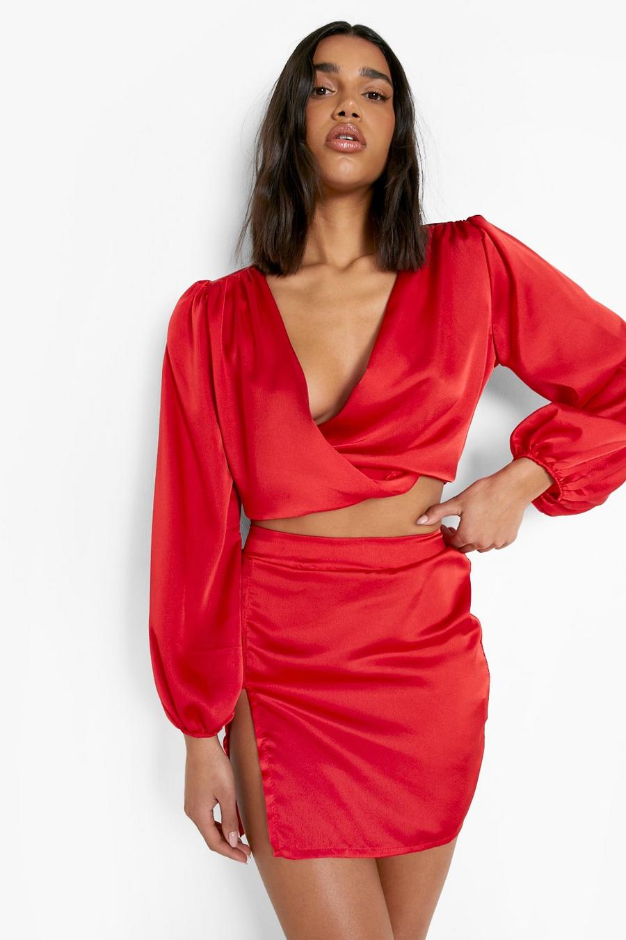 Red Satin Wrap Blouse & Split Mini Skirt image number 1