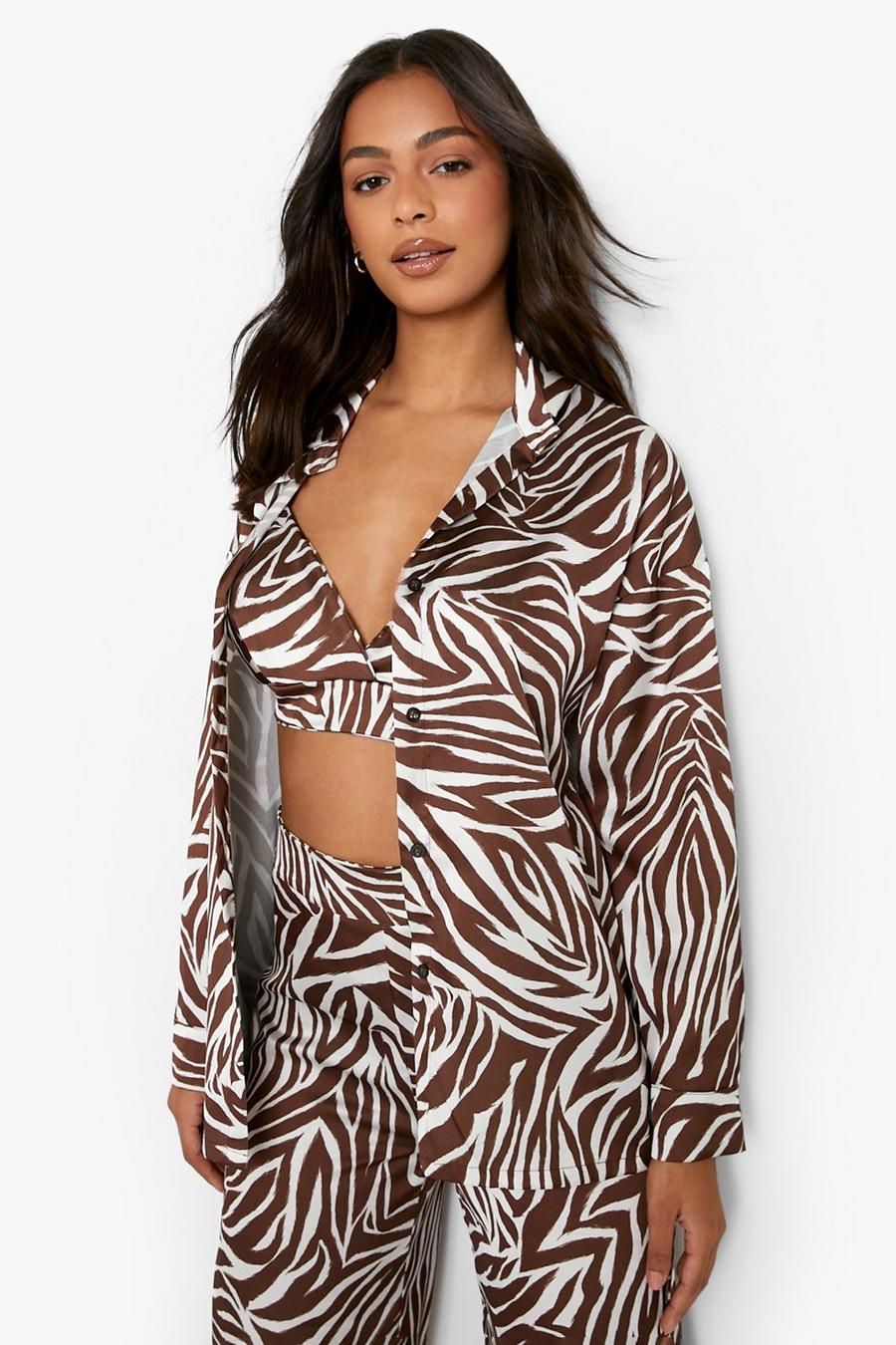 Chocolate brown Zebra Print Satin Shirt & Bralette